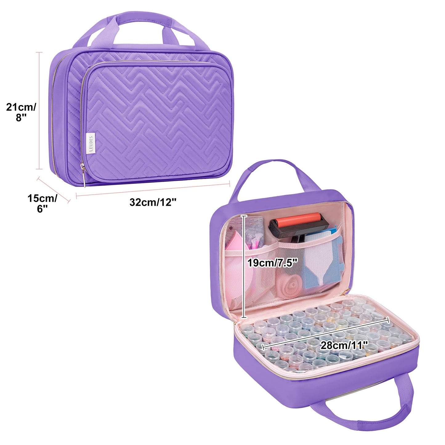 Leudes Diamond Painting Storage Containers, 60 Slots Bead Storage Box for Diamond Art Kits Accessories Organizer Case (Only Bottles and Bag) (Purple-2(60 Jars))