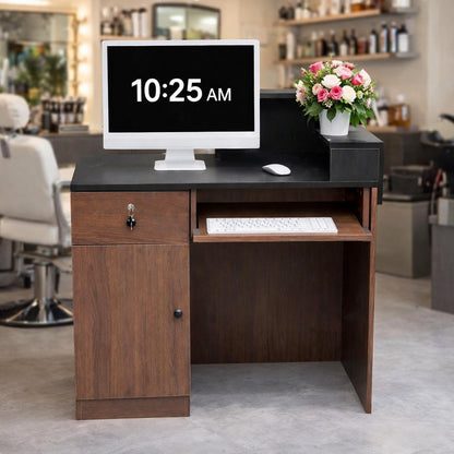 Modern Reception Desk with Storage Drawer & Counter Shelf, 39.4" Front Counter Reception Table for Office, Salon, Lobby, Retail Store (Walnut, Left Table)