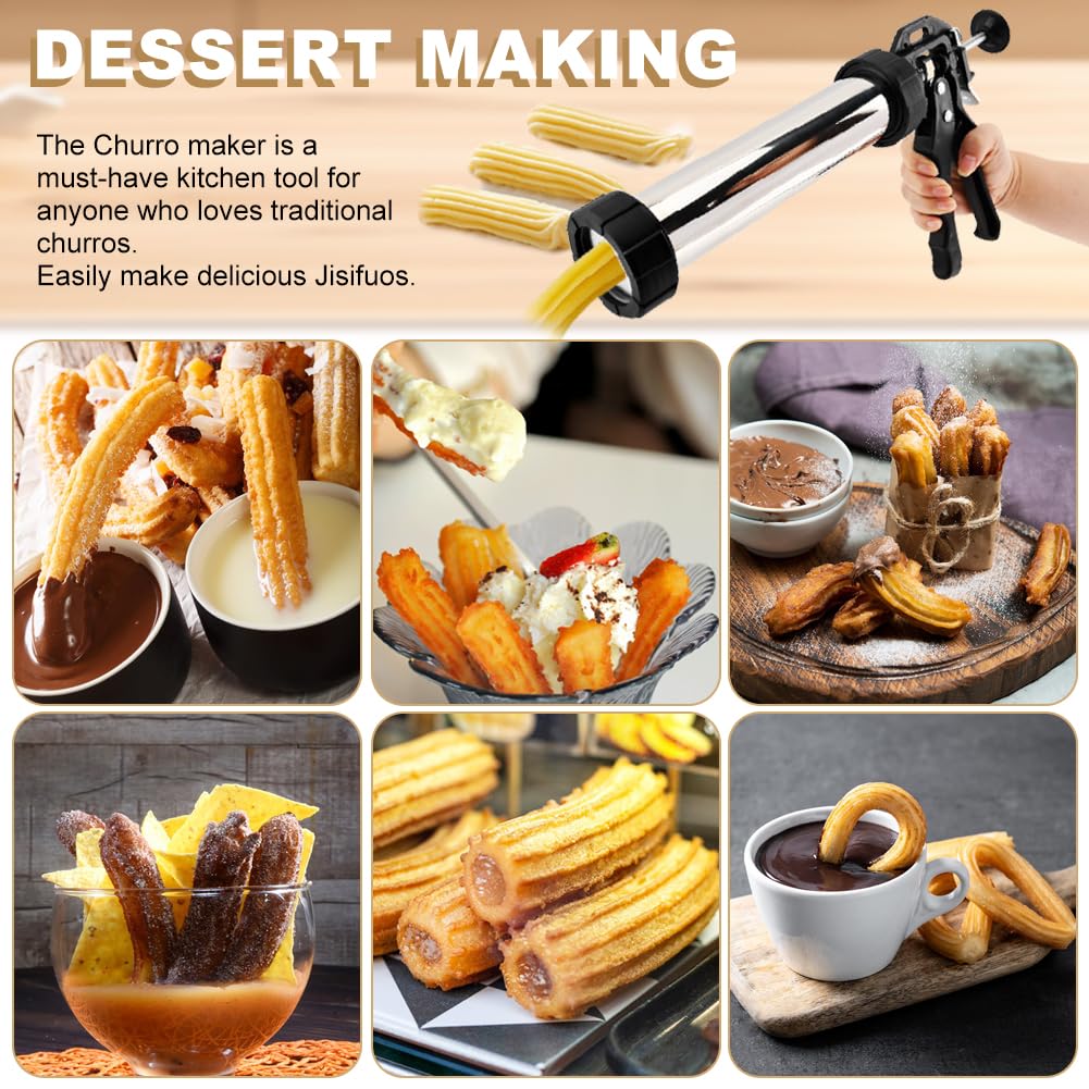 3-in-1 Stainless Steel Churros Maker Machine – Multifunctional Cookie Press with Piping Bag, Nozzles & Discs