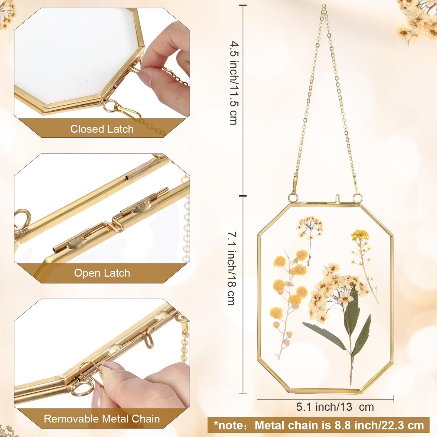 Vicenpal 5 Pcs 5 x 7 Inches Glass Pressed Flower Frame, Hanging Floating Picture Frame for Tabletop Artwork Dried Flower Display with Metal Chain for Mom Friends Wedding Gift DIY Craft(Coppery)