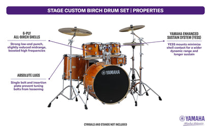Yamaha Stage Custom Birch 5pc Drum Shell Pack With a 20 Kick Drum and 14” Snare Drum in Honey Amber For Students and Working Drummers (SBP0F50HA)