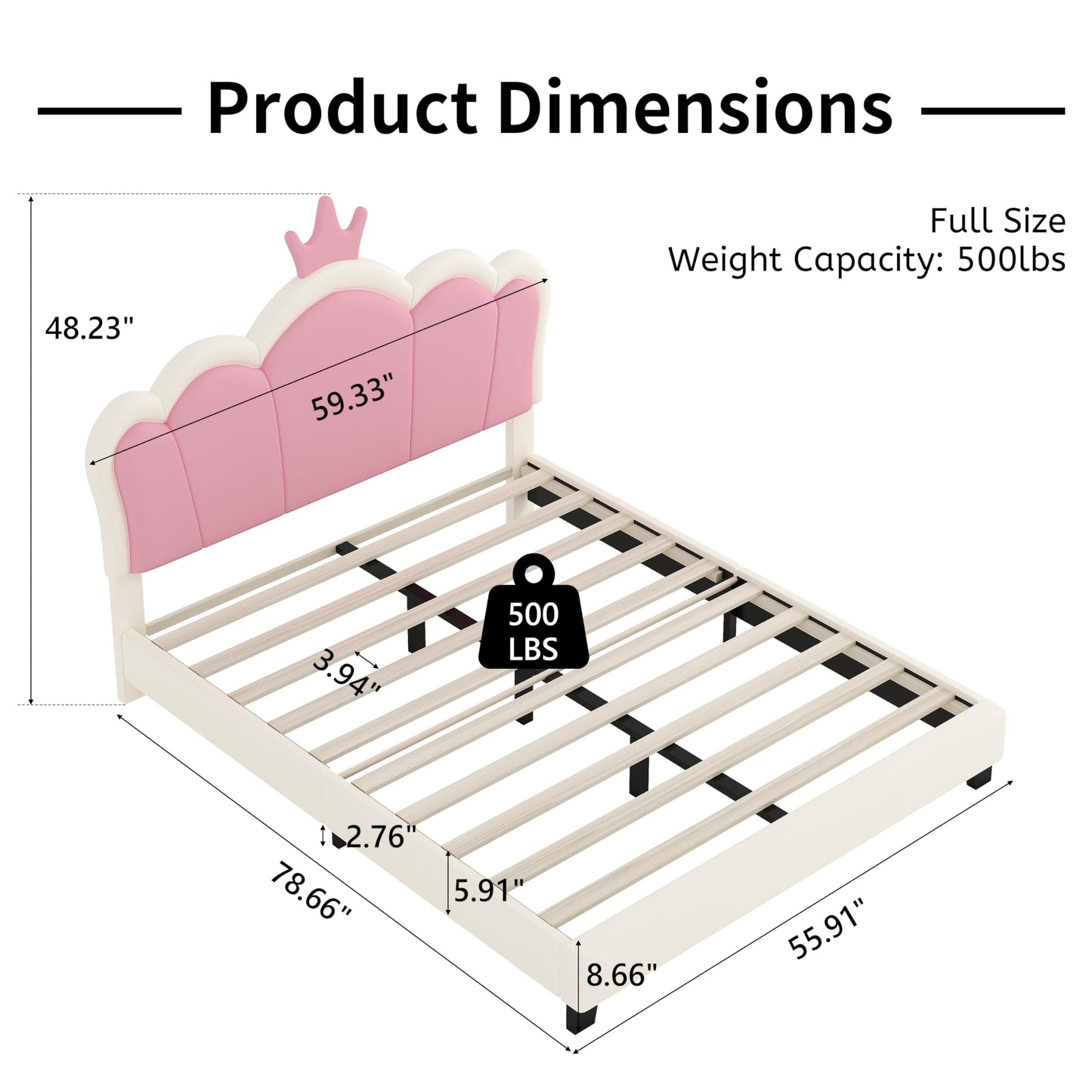 Merax Kid Full Upholstered Day Bed Frame with Crown Headboard, Wood Princess Low Platform Bed for Boys Girls,Easy Assemble White+Pink