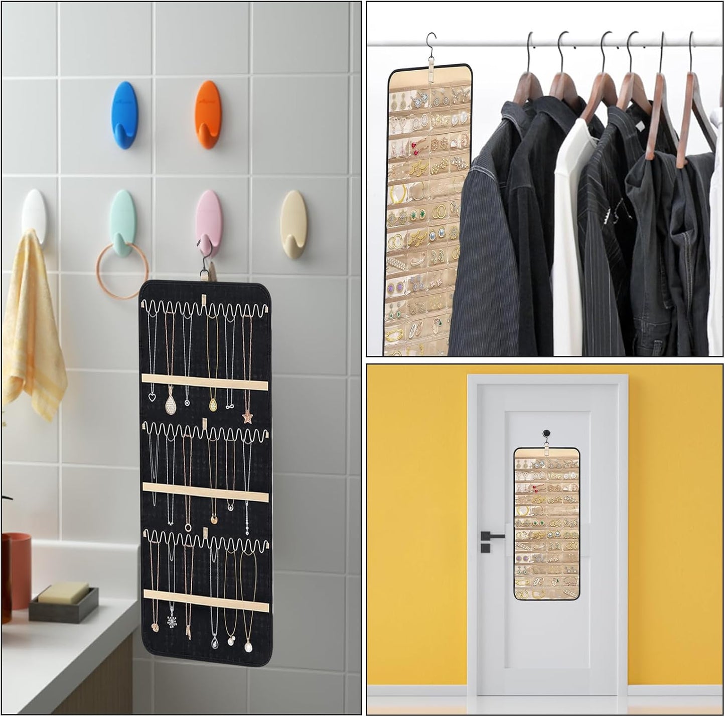 Hanging Jewelry Organizer - Double Sided with 32/48 Pockets, 14/21 Hook Loops, Foldable Travel Jewelry Roll