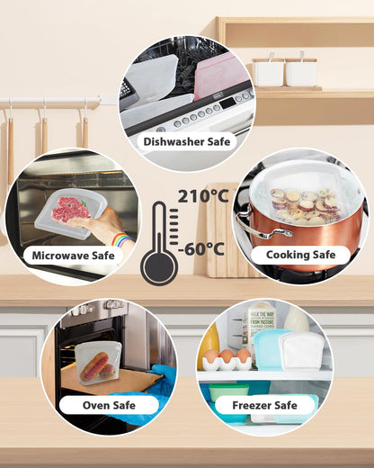 DGitaor Reusable Silicone Storage Bag, 8Pack Pocket, Snack, and Sandwich Bag, Endurables Seal-Top Silicone Bags for Food Storage, Freezer, Microwave, Oven, Dishwasher Safe (Clear & Peach)
