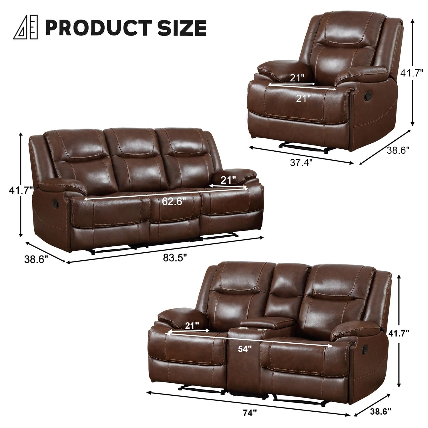 EBELLO Genuine Leather Manual Recliner Sofa Set, 1 Seat Reclining Chair, a Loveseat, a 3 Seater Sofa with Storage Cup Holders, Modern Durable Home Furniture Set for Living Room, Vintage Brown