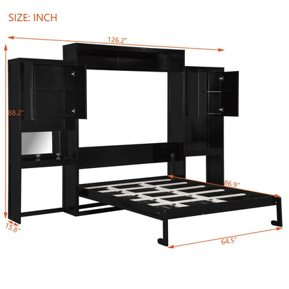 Ball & Cast Murphy Bed Queen Size,Wood Storage Hide Cabinet Wall Beds with Desk and Vanity,Space-Saving Bedroom Furniture w/Cabinets & Mirror,can be Folded for Home Office,Study,Guest Room,Espresso