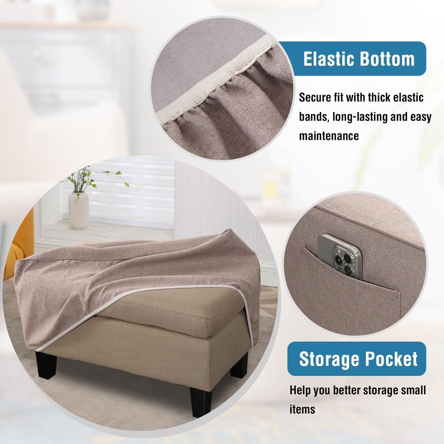33"-34" 1 H.VERSAILTEX Ottoman Covers Slipcover Rectangle Fit Length Footrest Thick Durable Linen Look Piece Folding