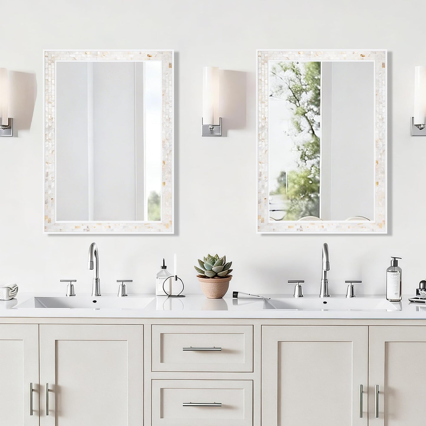 White Framed Bathroom Mirrors for Wall, 20x28 Inch Mother of Pearl Inlay Mirrors with Tempered Glass for Bathroom Bedroom or Living Room (Horizontal/Vertical Hanging)