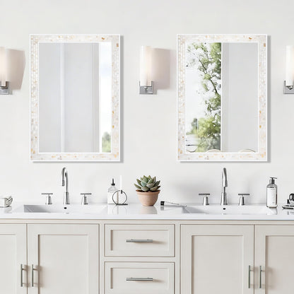 White Framed Bathroom Mirrors for Wall, 20x28 Inch Mother of Pearl Inlay Mirrors with Tempered Glass for Bathroom Bedroom or Living Room (Horizontal/Vertical Hanging)