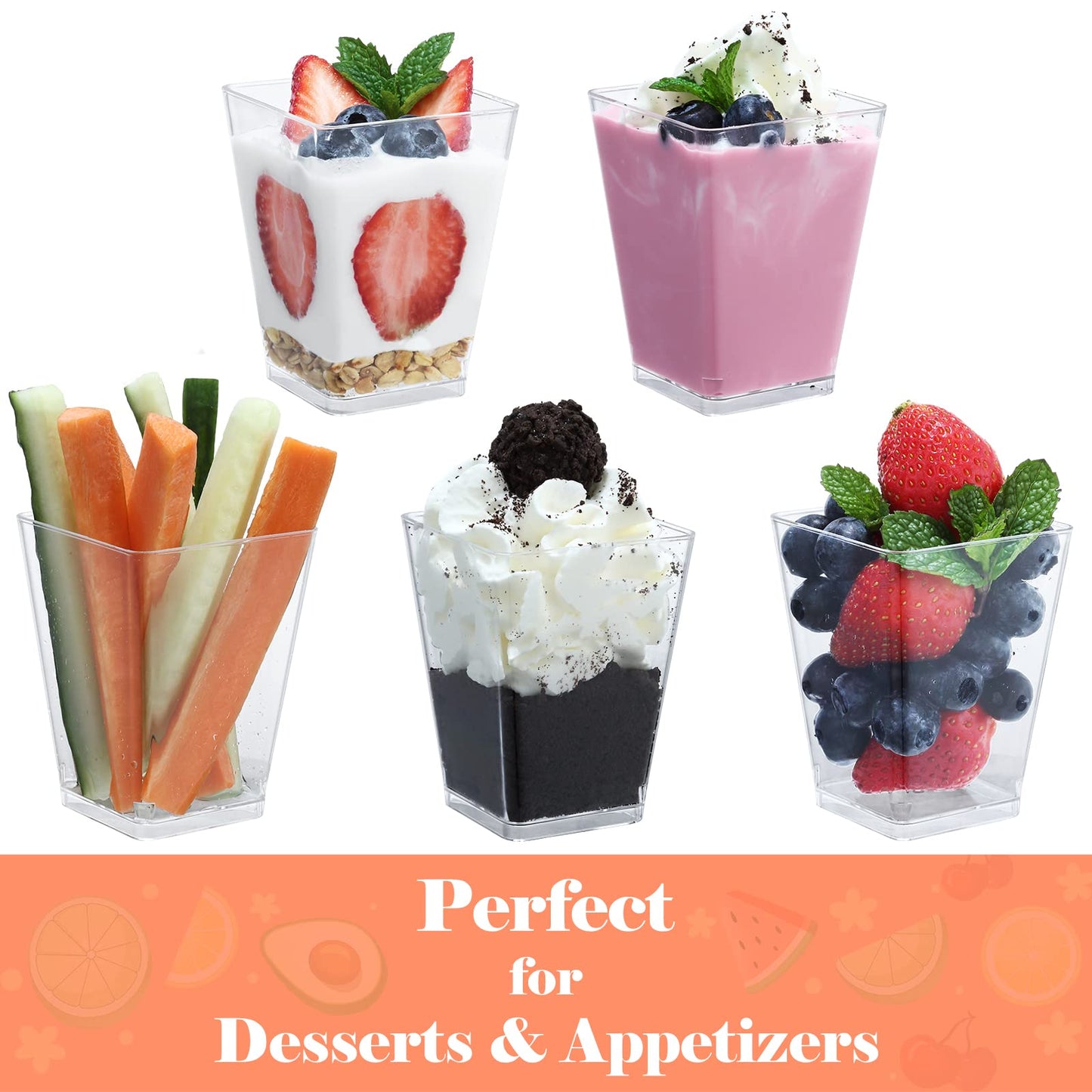 SHOPDAY 5 oz Plastic Dessert Cups 50 Pack Small Clear Square Parfait Cups with Spoons, Mini Plastic Tumbler Serving Cups for Tasting Party Appetizers Mousse Yogurt