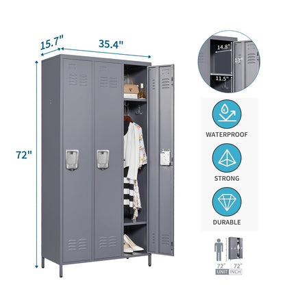 EKJ Upgraded Metal Storage Locker for Employees, 3 Doors Metal Locker Storage Cabinet for Gym Office School, Tall Steel Locker Cabinet for Employees, Assemble Required(Grey)