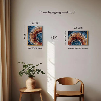 BingruiArt Framed Tree Ring Wall Art Blue and Red Boho Wall Decor Nature Print Wood Canvas Rustic Artwork Abstract Painting Modern Picture for Living Room Bedroom Bathroom 12"x16" Natural Framed(01)