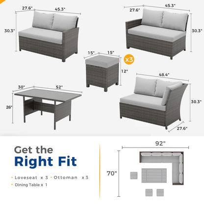 Wisteria Lane 7 Piece Patio Furniture Set, High Curved Back Wicker Patio Sectional, All Weather Outdoor Dining Set, Outdoor Furniture Patio Conversation Set with Ottoman, Ash Gray