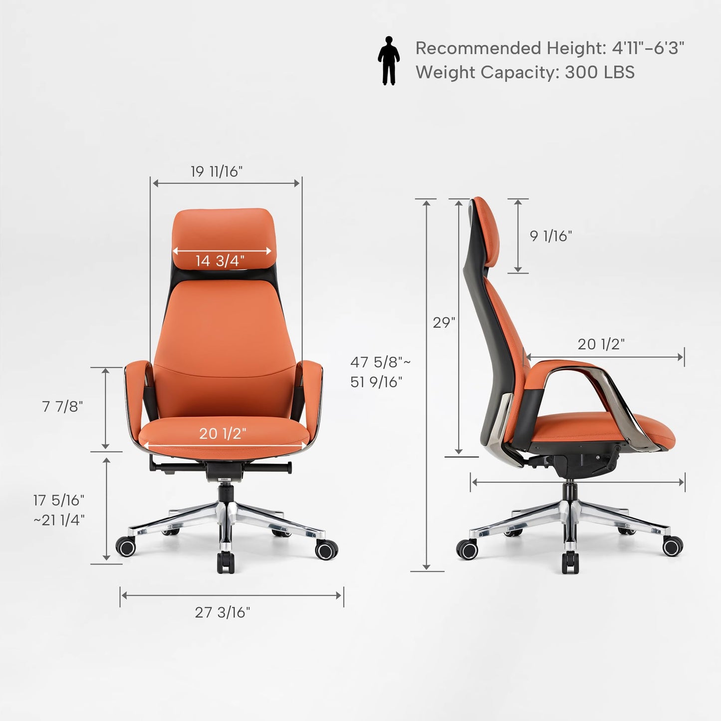 EUREKA ERGONOMIC Serene Executive Office Chair, Premium Nappa Leather High Back Boss Chair with Aluminum Base, Ergonomic Chair with Lumbar Support & Recline, Heavy Duty for Long-Hour Comfort, Orange