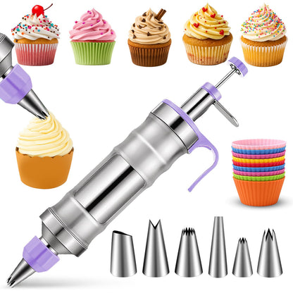 Novano Dessert Decorating Syringe Set, Frosting Piping Kit Stainless Steels Cake Decorating Kit with 6 Piping Tips & 9 silicone cupcakes, Cupcake Decorating Kit Piping Bags and Tips Set