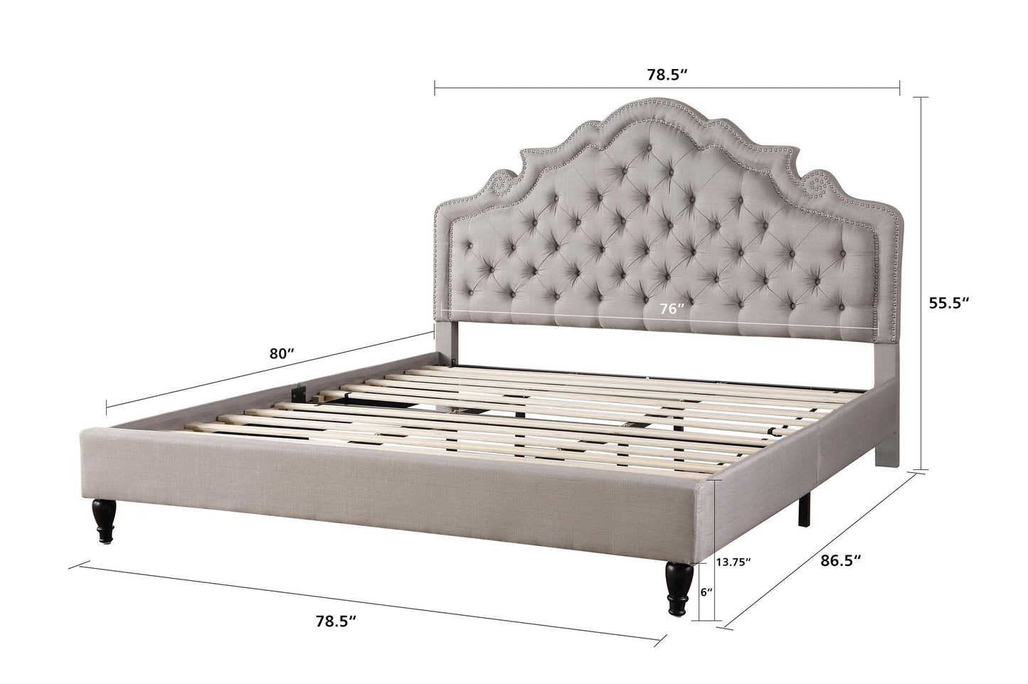 HomeLife Premiere Classics 51" Tall Platform Bed with Cloth Headboard and Slats - King (Light Grey Linen)