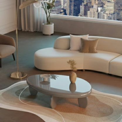 46" Modern Cobblestone Coffee Table, High Gloss Gray Oval Top with Sculptural Pebble Legs, Engineered Wood Construction, Contemporary Centerpiece for Living Rooms, Minimalist Home Interiors, Gray