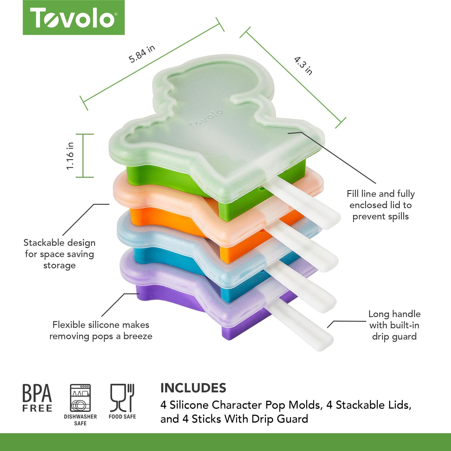 Tovolo Dinosaur Popsicle Molds for Kids Pack of 4 Dino Ice Pop Molds with Sticks, Stackable Popsicle Molds or Toddlers, BPA Free Silicone Fun Frozen Ice Popsicle Molds with Drip Guards