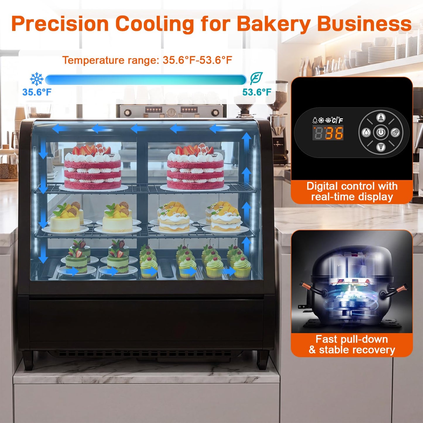 Commercial Cake Display Refrigerator, 100L Countertop Curved Glass Cooler with LED Light, Digital Thermostat, Frost-Free Pastry Showcase, Tempered Glass & Rear Sliding Doors for Bakery/Cafe/Home