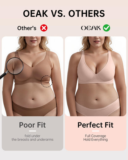 OEAK Womens Deep V Bras Wireless Comfortable Bra Supportive No Underwire Bras Tshirt Push Up Bralettes Plunge Seamless Bra Nude L