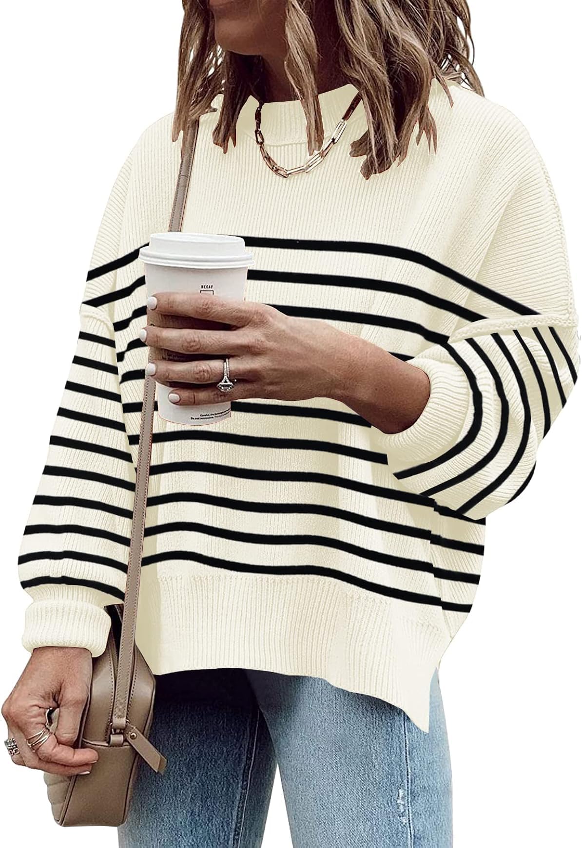 ETCYY Womens Oversized Sweaters Fall 2025 Fashion Clothes Trendy Batwing Sleeve Colorblock Striped Knit Pullover Tops
