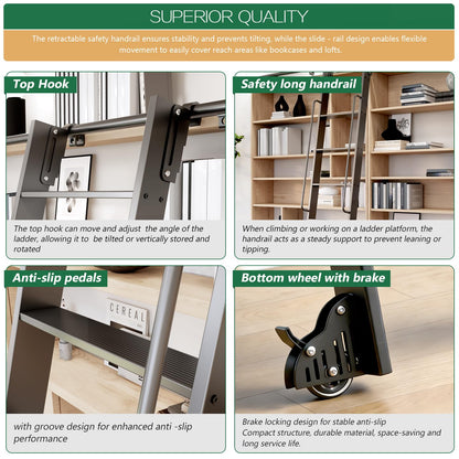 104RDHOUSE 8FT Lightweight Aluminum Rolling Step Ladder 96",Rolling Library Ladder with Wheels,Industrial Sliding Ladder for Home Library,Bookshelf, 4FT Hook Ladder Bookcase Track Kit for Home