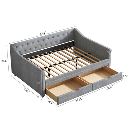 Ball & Cast Full Daybed W/ 2 Storage Drawers,Upholstered Day Bed W/Waved Shape Arms & Button Back,Sofa Bed for Bedroom,Guest Room,Living Room,No Box Spring Needed,Light Grey