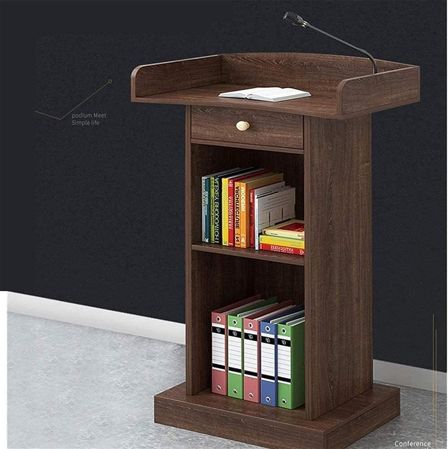 BKEKM Modern Lecterns Floor Standing with Drawers and Open Storage Podium Stand Pulpits for Churches Wooden Luxury Teacher Podiums
