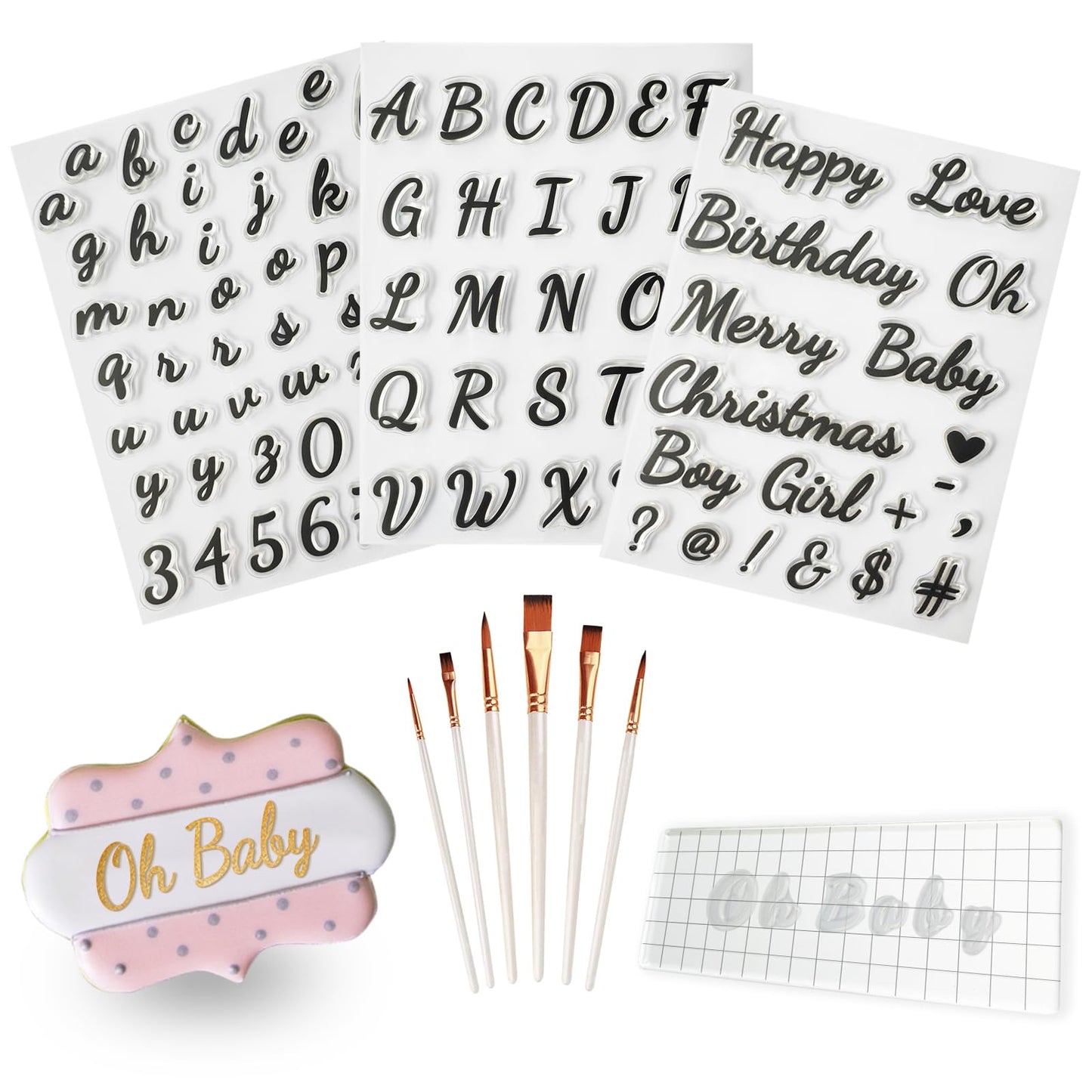 4PCS Alphabet Cake Stamps Tool with Brushes for Fondant Cookie Biscuit, Pretty Handwriting Food Grade Fondant Letter Stamp Uppercase Lowercase Numbers Words Reusable Cookie Stamp for Christmas Party