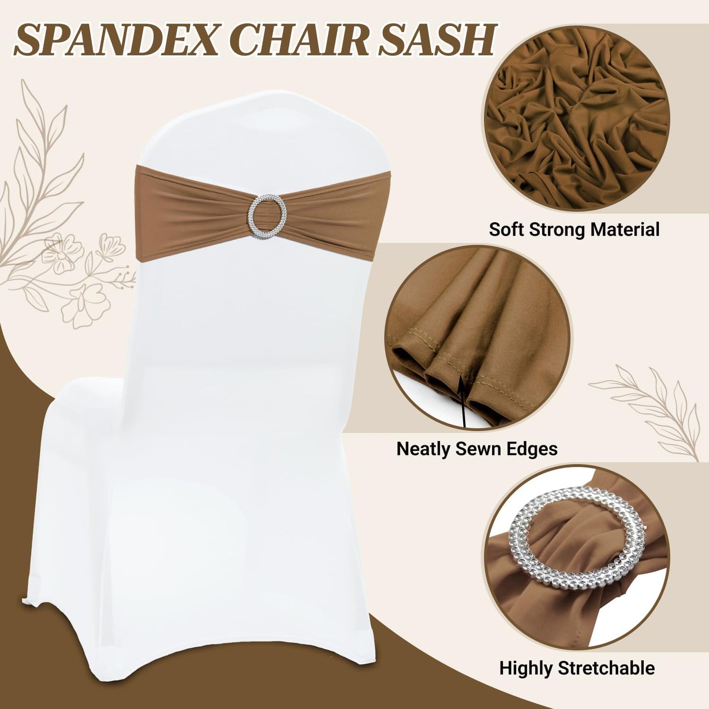 MDS Premium Spandex Chair Sashes - Stretchy Bow Covers with Buckle Slider | 50-Pack in Mocha for Weddings & Events
