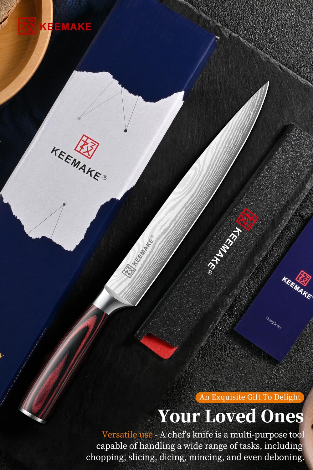 KEEMAKE 8 Inch Carving Knife - Ultra Sharp Slicing Knife High Carbon Stainless Steel Blade & Ergonomic Handle for Meat Cutting BBQ Turkey Ham Gift Box Included