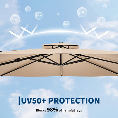 10x10 FT Square Outdoor Umbrella with Base, Cantilever Patio Umbrella with 360° Rotation & Adjustable Height, Heavy Duty Aluminum Umbrella Outdoor Patio for Garden Poolside,Khaki