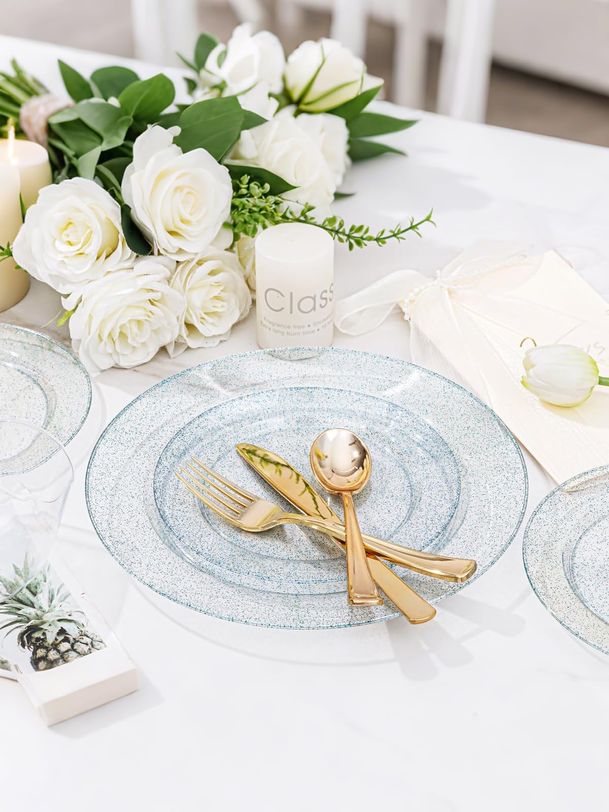 WDF 200PCS Blue Plastic Plates - Blue Glitter Plastic Plates - Heavy Duty Disposable Plates - Include 100 Dinner Plates 10" and 100 Dessert Plates 7" for Parties/Wedding/Graduation