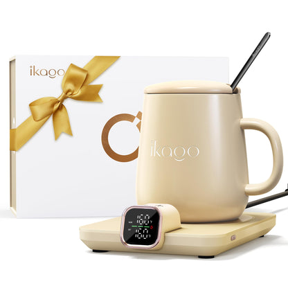 Coffee Mug Warmer & iKago Mug Set, Temperature Control Smart Heated Mug for Desk, Electric Coffee Warmer with Auto Shut Off & Real-Time Temp Display, Gifts for Men Women, 15oz Ceramic Mug
