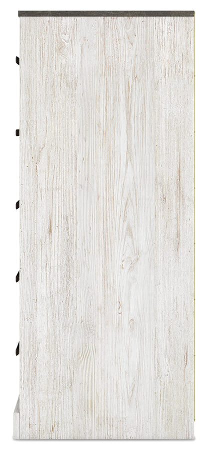 Signature Design by Ashley Shawburn Rustic 5 Drawer Chest of Smooth-Gliding Drawers and Safety Stop, White & Gray