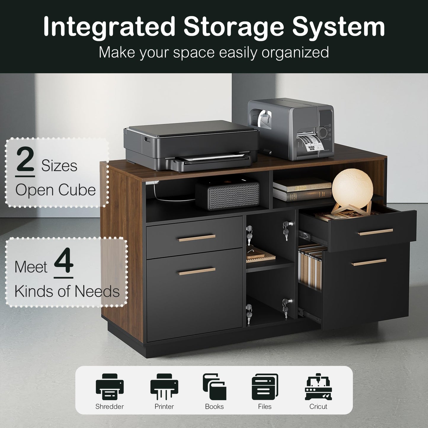 ModernMate 4 Drawer File Cabinet, Wood Filing Cabinet for Home Office with Lock, Power Strip, Storage Shelves, Home Office Lateral File Storage Fits A4/Letter Size, Black Walnut