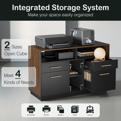 ModernMate 4 Drawer File Cabinet, Wood Filing Cabinet for Home Office with Lock, Power Strip, Storage Shelves, Home Office Lateral File Storage Fits A4/Letter Size, Black Walnut