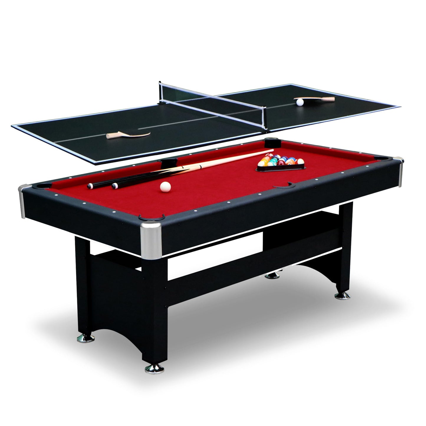 Hathaway Spartan 2-in-1 6ft Pool Table with Ping Pong Top for Game Room – With Red Felt, Engineered Wood Frame, Drop Pockets, Cues, Balls, Triangle, Chalk, Net, Paddles, Balls – Black Finish