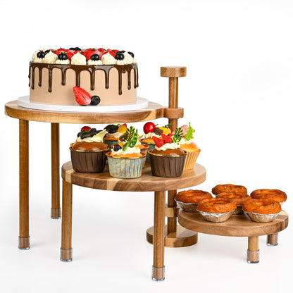 GEHE 3 Tier Round Cupcake Stand, 360° Rotatable Acacia Wood Cake Stand Cupcake Tower, Rustic Wooden Tiered Dessert Table Display Set, Tiered Tray Stands for Birthday, Wedding Party (12-10-8 IN)