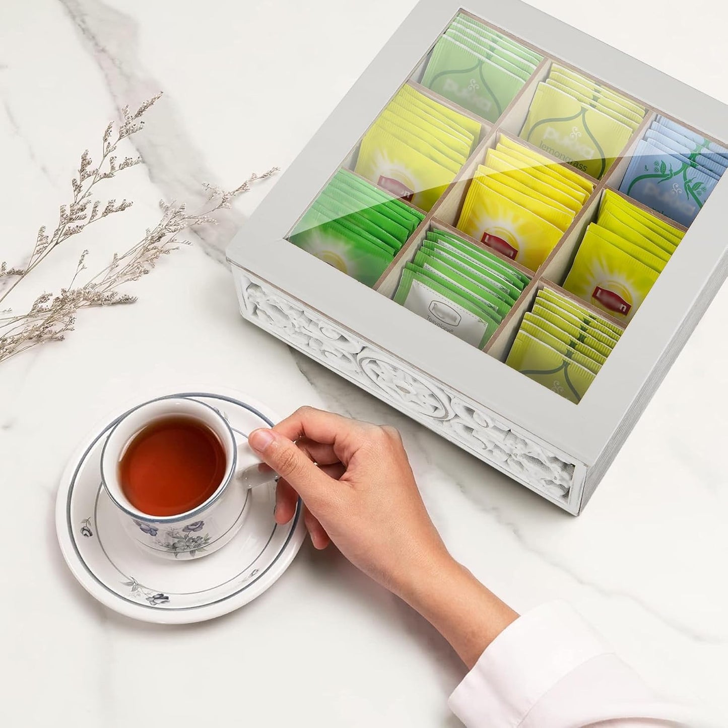AHUONEL Tea Bag Organizer Wooden Tea Box for Tea Bags, Tea Organizer 9 Compartments Tea Chest Storage Box with Clear Lid, Tea Bag Holder Tea Caddy for Tea Coffee Sugar, Home Kitchen Office, White