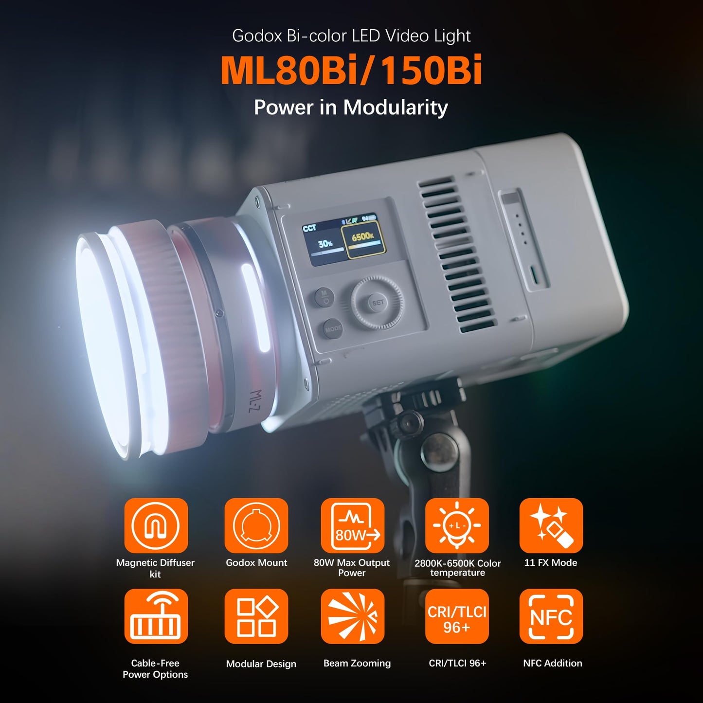GODOX ML80BI LED Video Light with Battery,BI-Color 2800K-6500K,Portable Handheld Mini Led Photo Monolight,CRI 96+ TLCI 97+,29600Lux@1m,Support NFC&APP, for Photographers,Filmmakers,Studios