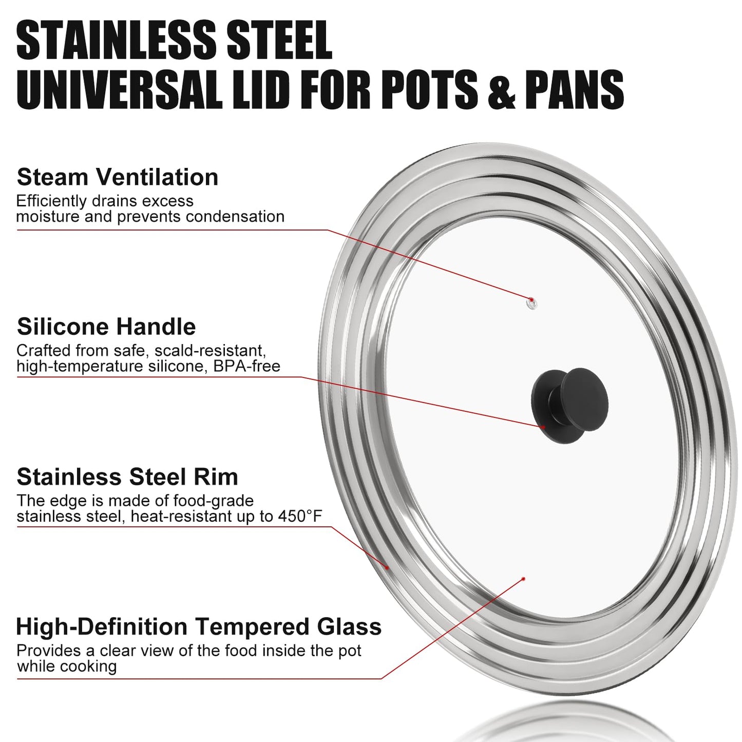 Pan Lid Fits 11, 12 & 13 Inch Cookware, Universal Lid for Pots, Pans and Skillets,Replacement Frying Pan Cover with Tempered Glass Top, Stainless Steel Cast Iron Skillet Lids - Heat Resistant Handle