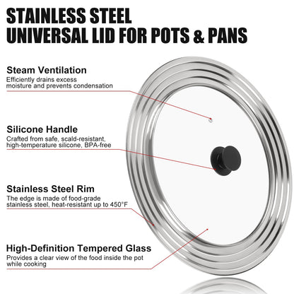 Pan Lid Fits 11, 12 & 13 Inch Cookware, Universal Lid for Pots, Pans and Skillets,Replacement Frying Pan Cover with Tempered Glass Top, Stainless Steel Cast Iron Skillet Lids - Heat Resistant Handle