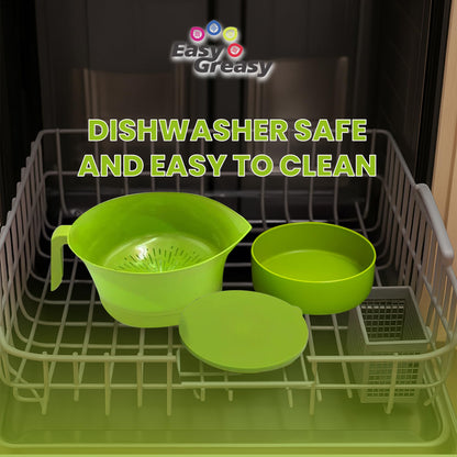 Easy Greasy 3-Piece Colander Grease Strainer Set – Green Grease Separator with Handle, Container & Lid – Strains Bacon, Pasta, Ground Beef – BPA-Free Kitchen Gadget