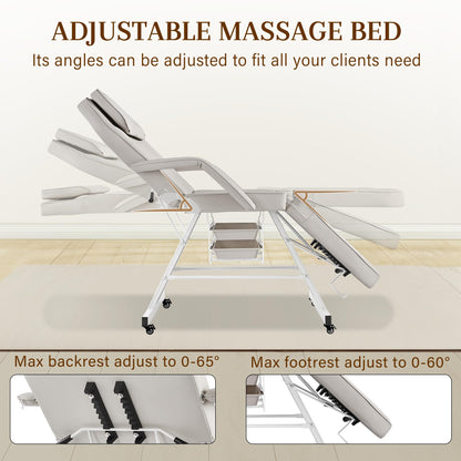 Tattoo Facial Chair with Wheel, Esthetician Massage Bed with Stool, Professional Adjustable Lash Tattooing Table with Breathing Hole Beauty Treatment Salon Spa Artist Equipment with 2-Tary, Grey