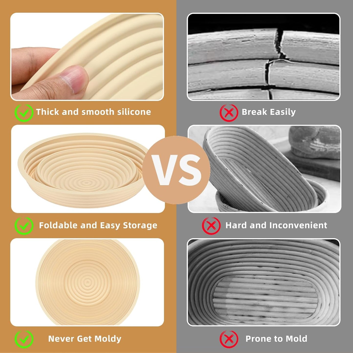Silicone Banneton Basket, Proofing Basket for Bread Baking, 2 Round Silicone Bannetons & 1 Cloth Cover Set