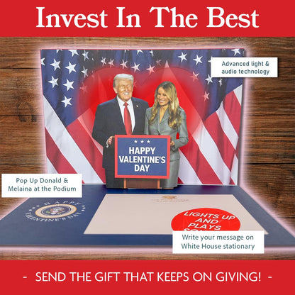 Trump Valentine’s Day Talking Pop Up Card with Light & Sound – Presidential Message with Donald Trump’s Real Voice, Funny Valentines Day Card for Him & Her, Gag Gift for Men & Women (Melania)