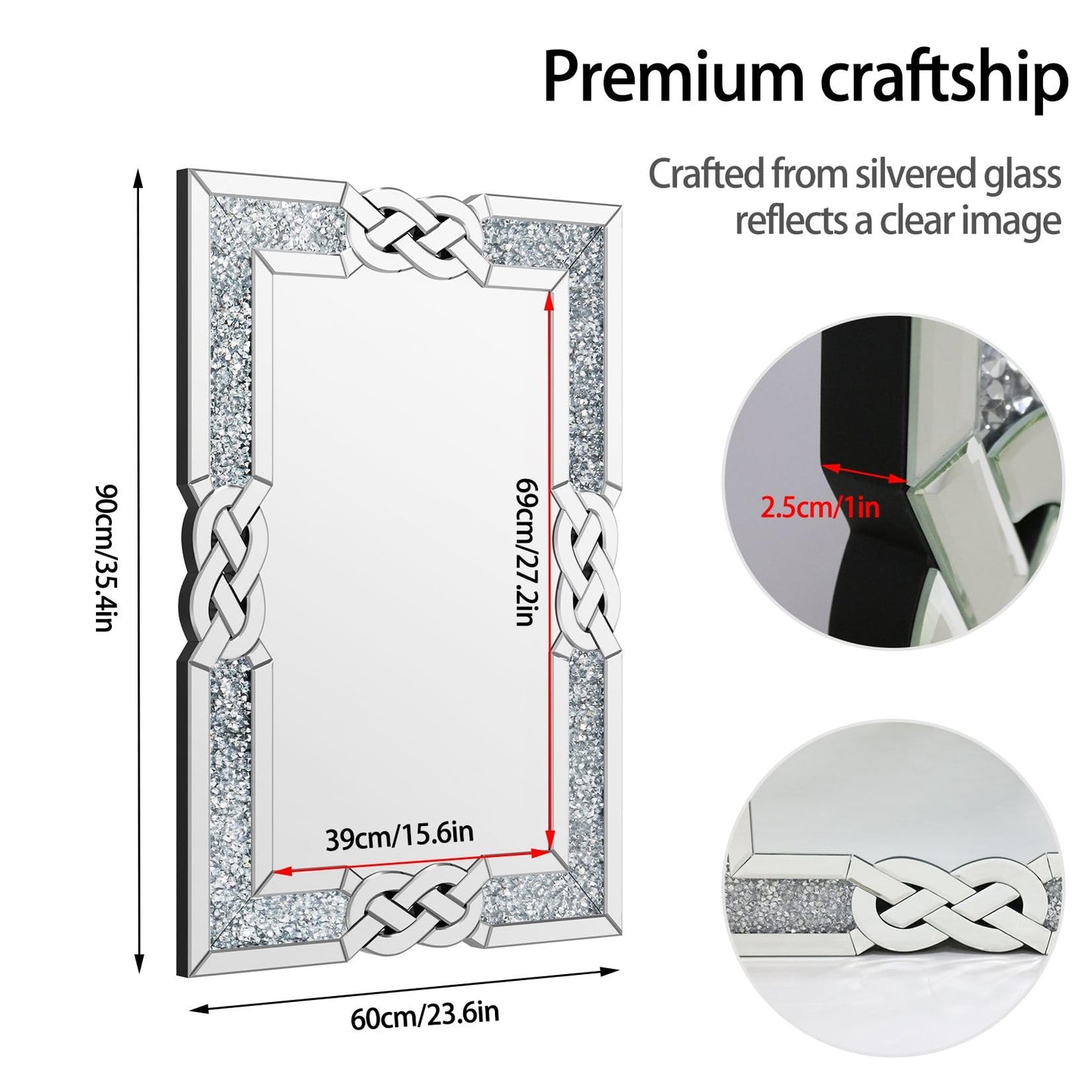 Artloge Crushed Diamond Mirror Silver Vanity Rectangular Wall Decor 36x24 inch