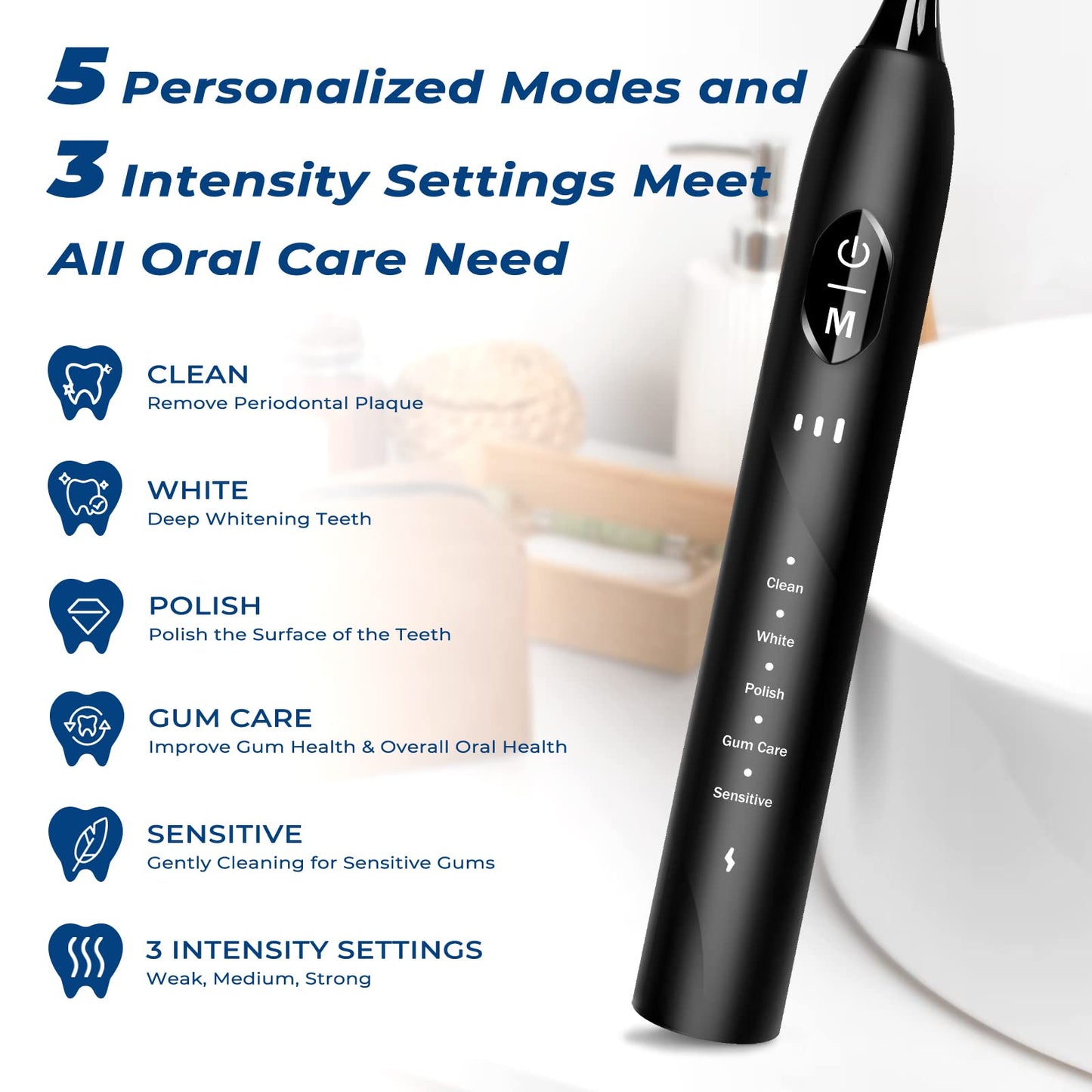 Sonic Electric Toothbrush for Adults, Rechargeable with 6 Replacement Brush Heads, 5 Modes and 3 Intensity, with 2-Minute Intelligent Timer and IPX7 Waterproof Technology, in Antique Black