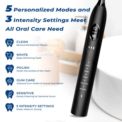 Sonic Electric Toothbrush for Adults, Rechargeable with 6 Replacement Brush Heads, 5 Modes and 3 Intensity, with 2-Minute Intelligent Timer and IPX7 Waterproof Technology, in Antique Black